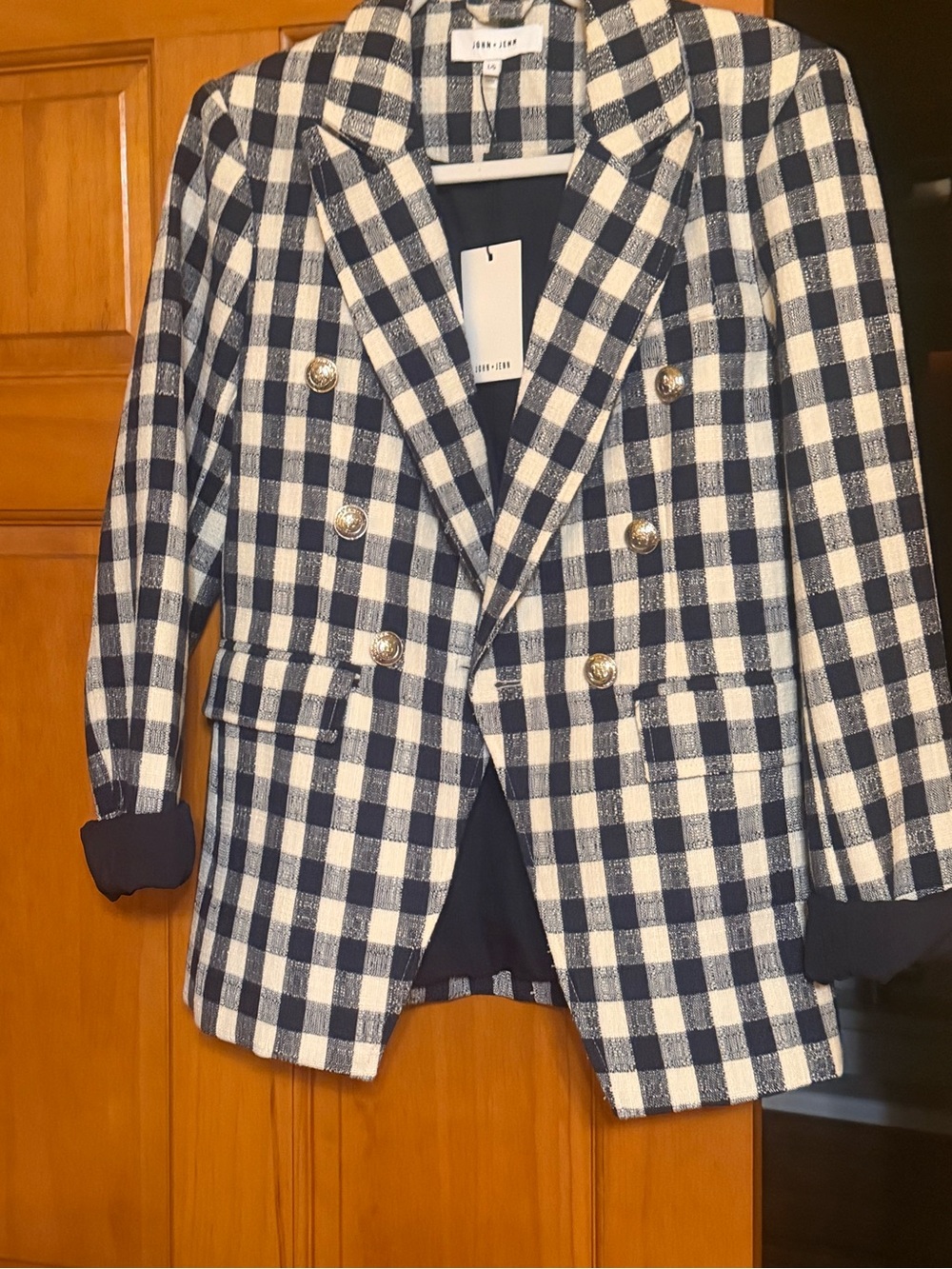 John + Jenn Navy and White Checked Double-Breasted Blazer